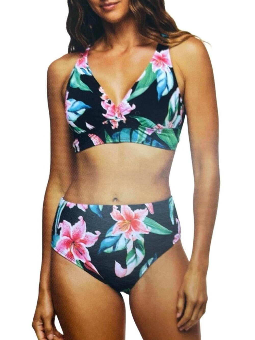NWT  Women's M Tropical Floral Bikini Set With High-Waist Bottoms i1938